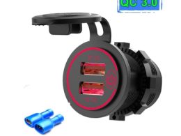شارژر USB خودرویی روپنلی گرد قرمز دو خروجی فست شارژ QC3.0 با ON/OFF لمسی و فیوز بین راهی