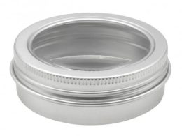 قوطی فلزی نقره ای با درب شیشه ای 60ml سایز 68x25mm